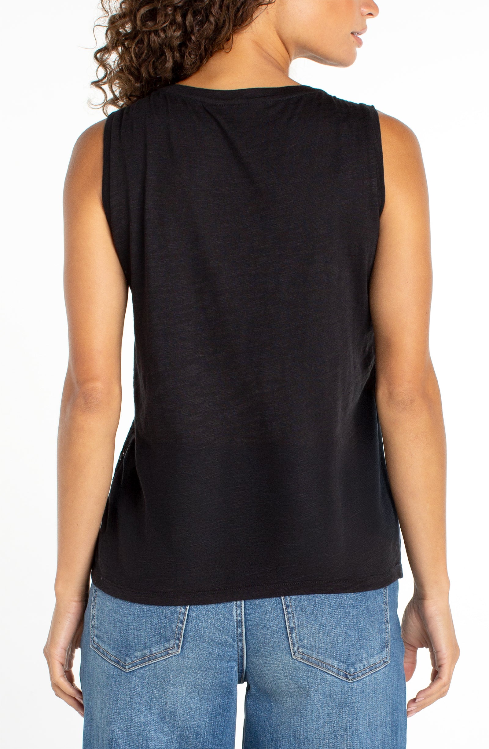 Liverpool Sleeveless Lace to Knit Top in black at ooh la la! in Grapevine TX 76051