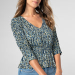 Liverpool 3/4 Ruched Slv V Neck Knit Top at Ooh La La! in Grapevine TX 76051