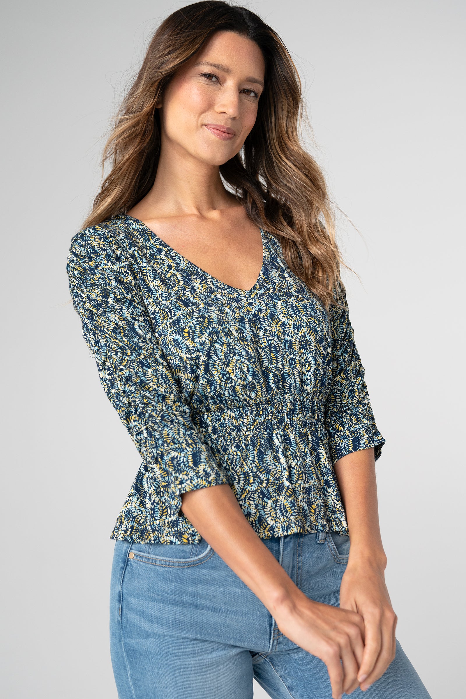Liverpool 3/4 Ruched Slv V Neck Knit Top at Ooh La La! in Grapevine TX 76051
