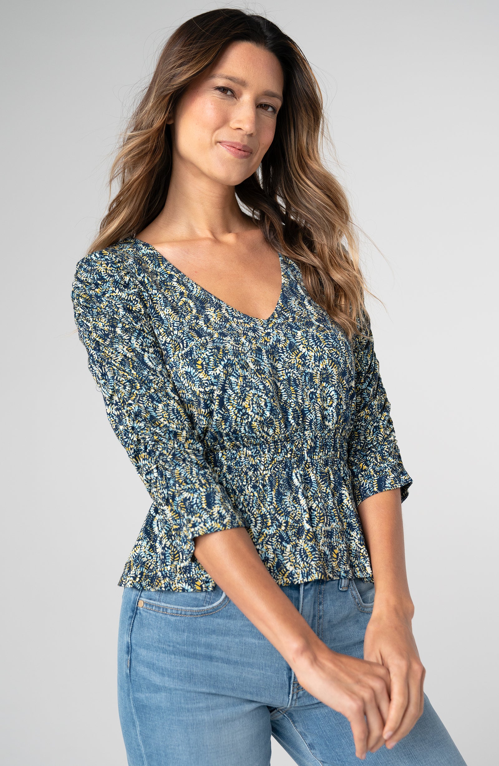 Liverpool 3/4 Ruched Slv V Neck Knit Top at Ooh La La! in Grapevine TX 76051