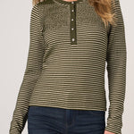Liverpool long sleeve striped knit henley top in olive cream stripe on model