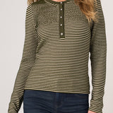 Liverpool long sleeve striped knit henley top in olive cream stripe on model