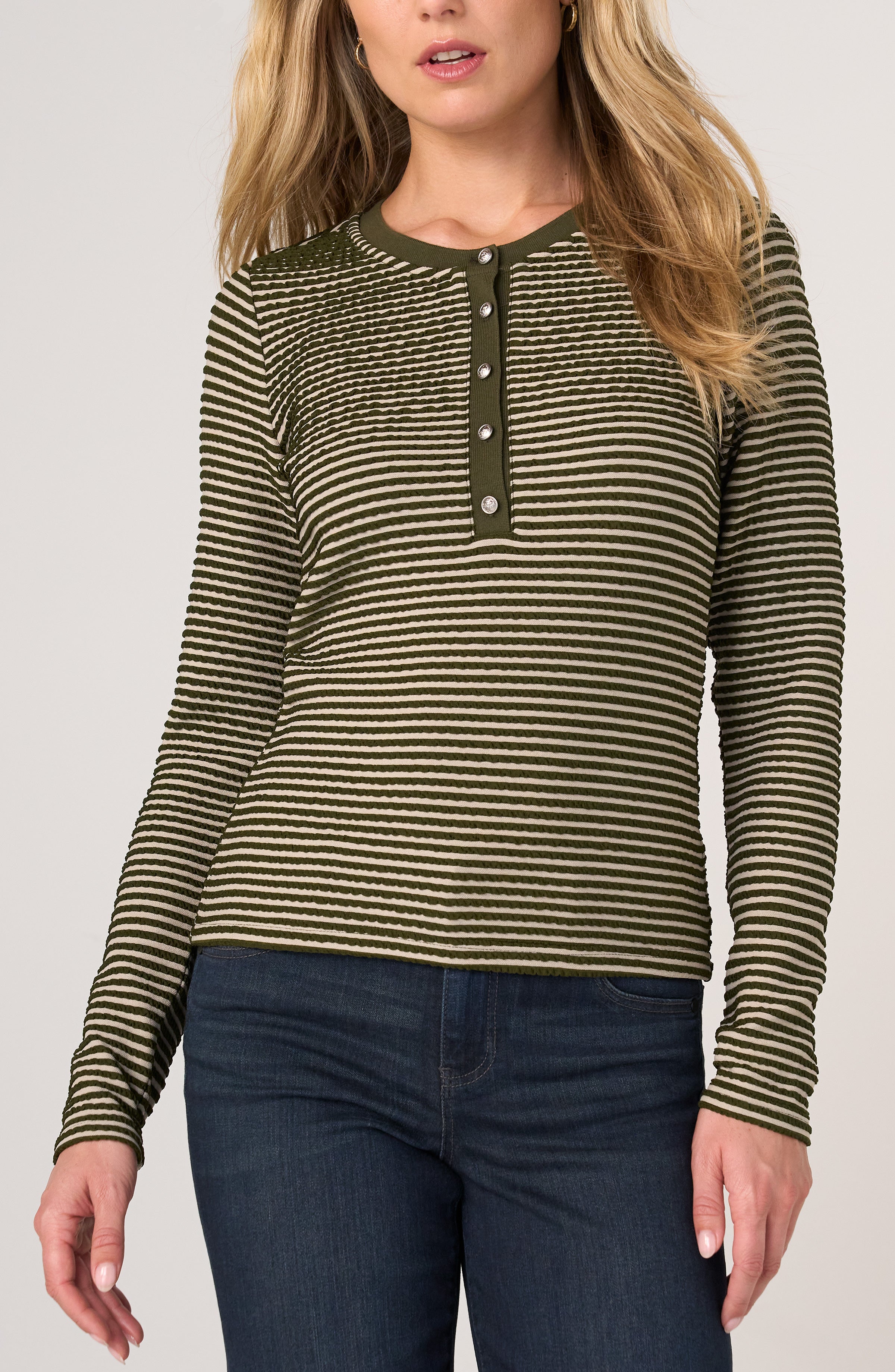 Liverpool long sleeve striped knit henley top in olive cream stripe on model