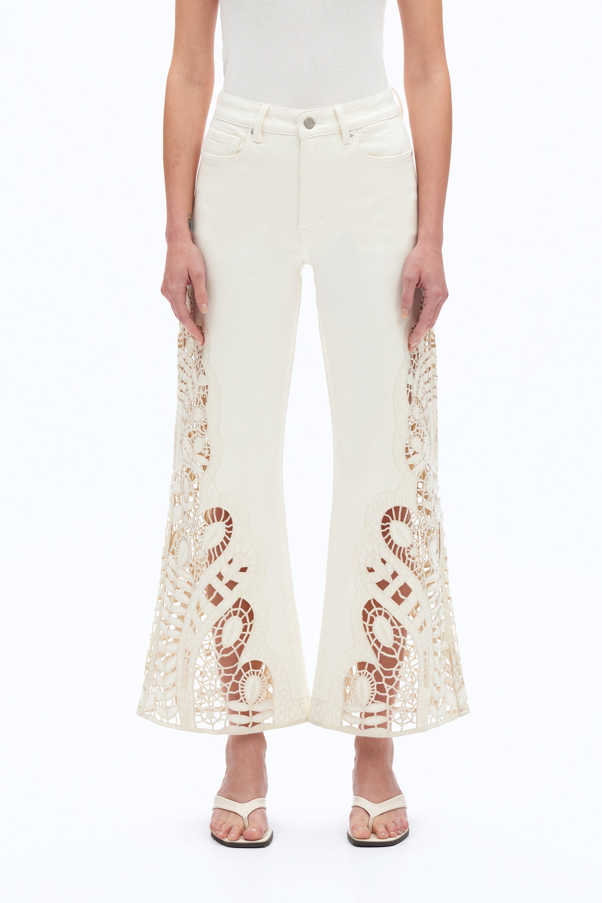 Bayeas High Rise Wide Leg Side Lace Jeans in beige at ooh la la! in Grapevine TX 76051