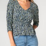 Liverpool 3/4 Ruched Slv V Neck Knit Top at Ooh La La! in Grapevine TX 76051