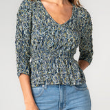Liverpool 3/4 Ruched Slv V Neck Knit Top at Ooh La La! in Grapevine TX 76051