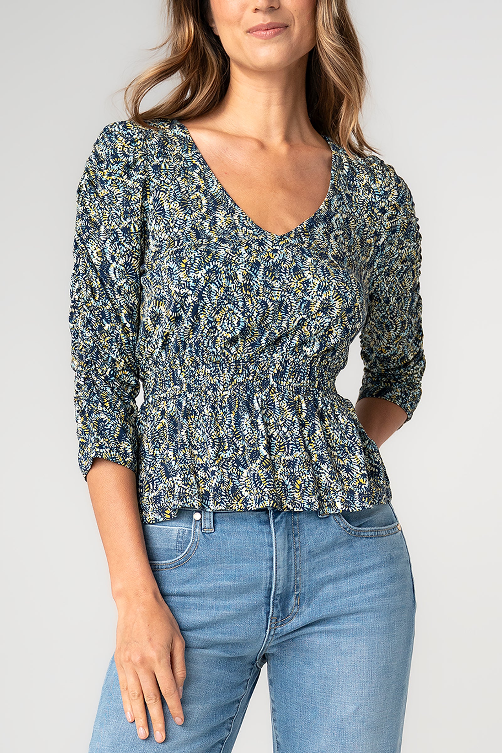 Liverpool 3/4 Ruched Slv V Neck Knit Top at Ooh La La! in Grapevine TX 76051