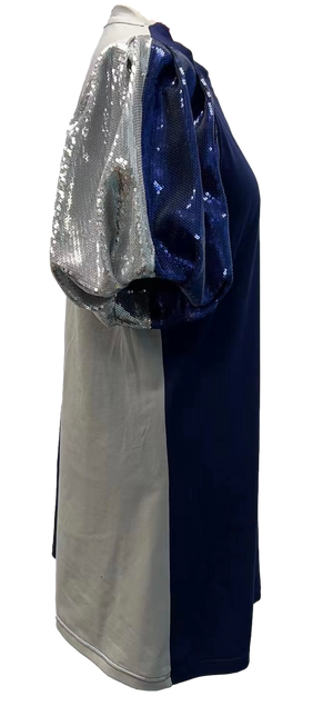 Queen of Sparkles Silver Colorblock Sequin Sleeve Dress - navy & white at ooh la la! in Grapevine TX 76051