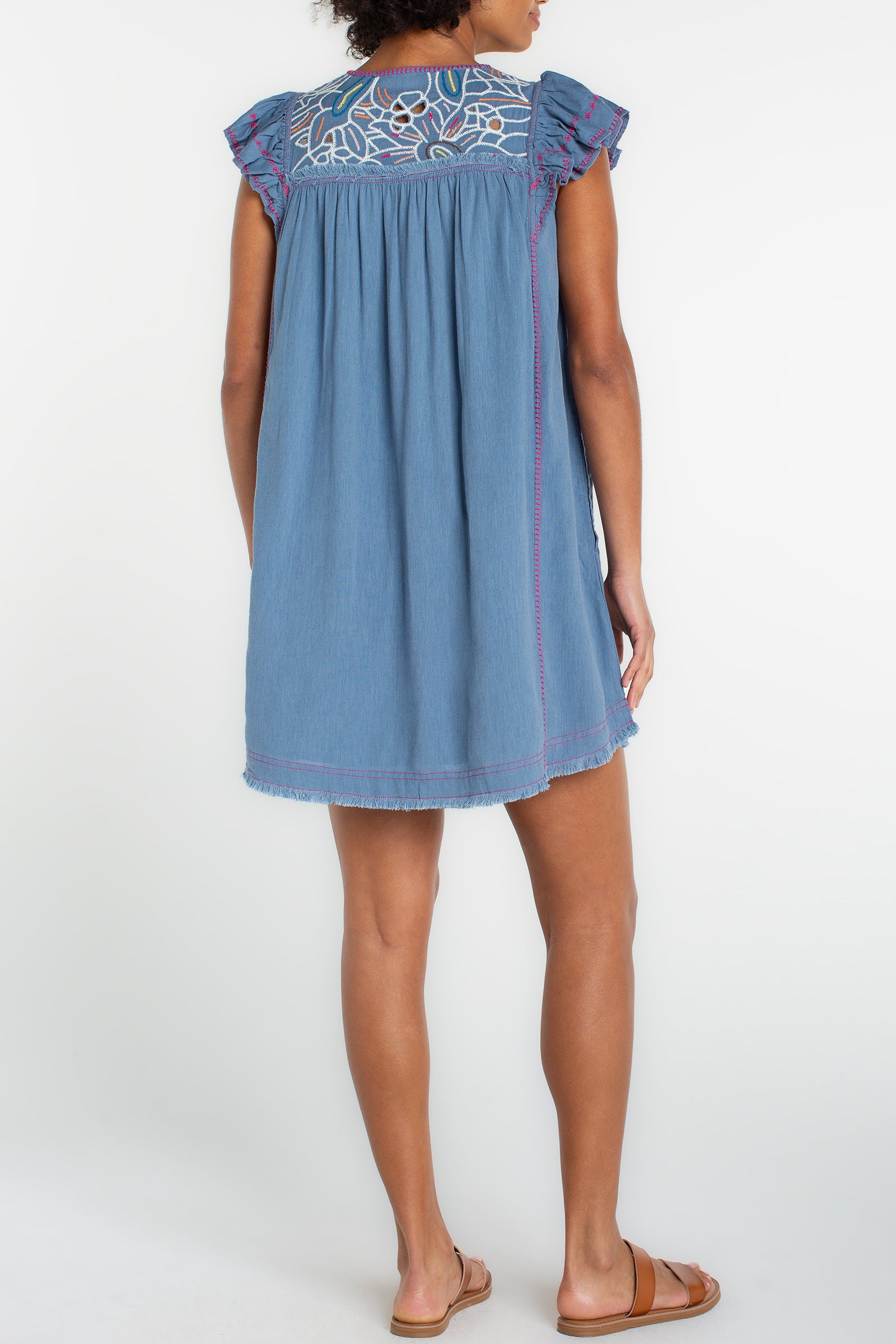 Liverpool Flutter Sleeve Embroidered Denim Dress - 2