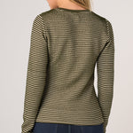 Liverpool long sleeve knit henley top in olive cream stripe, back view on model