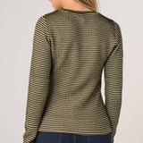 Liverpool long sleeve knit henley top in olive cream stripe, back view on model