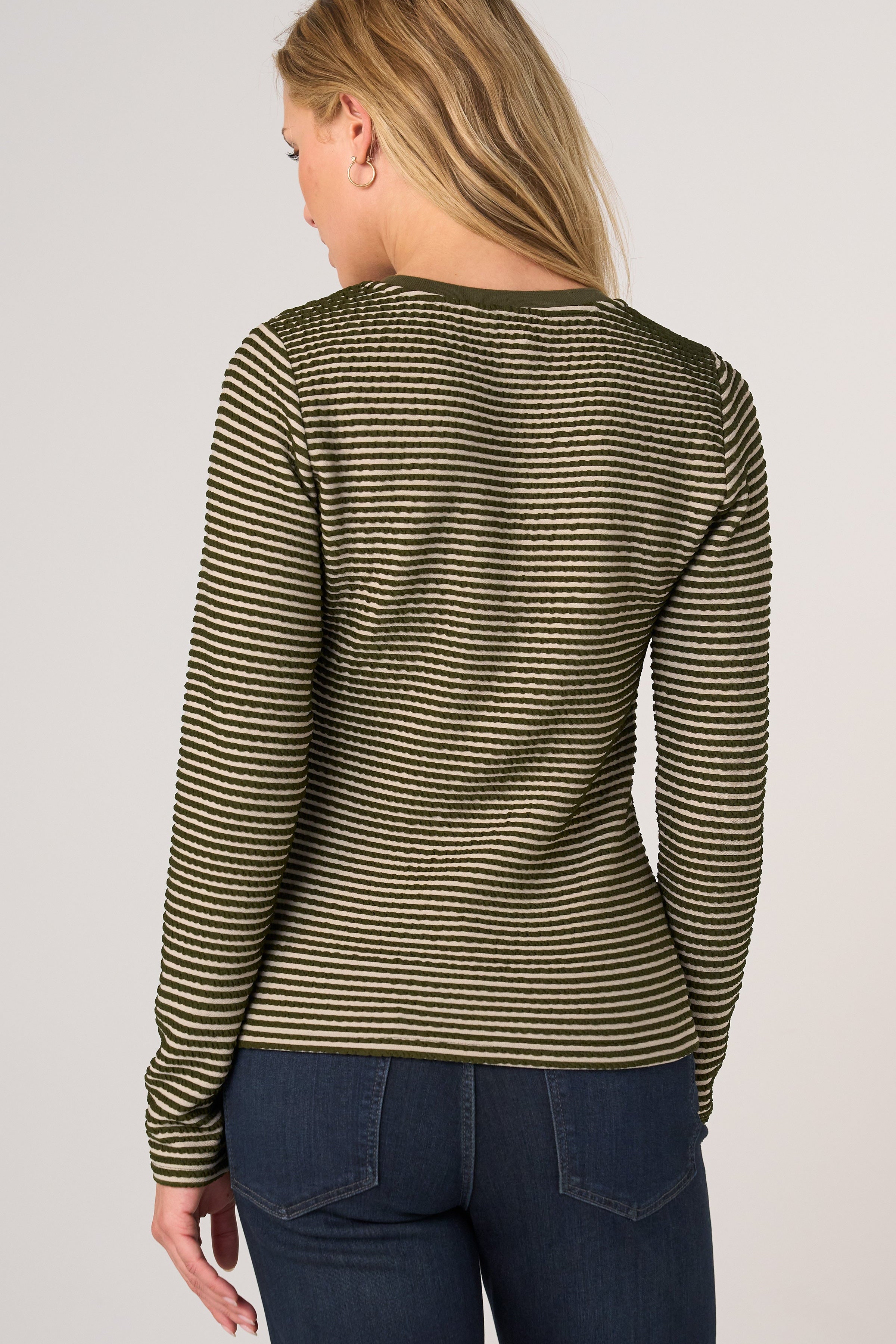 Liverpool long sleeve knit henley top in olive cream stripe, back view on model