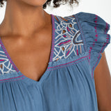 Liverpool Flutter Sleeve Embroidered Denim Dress - 4
