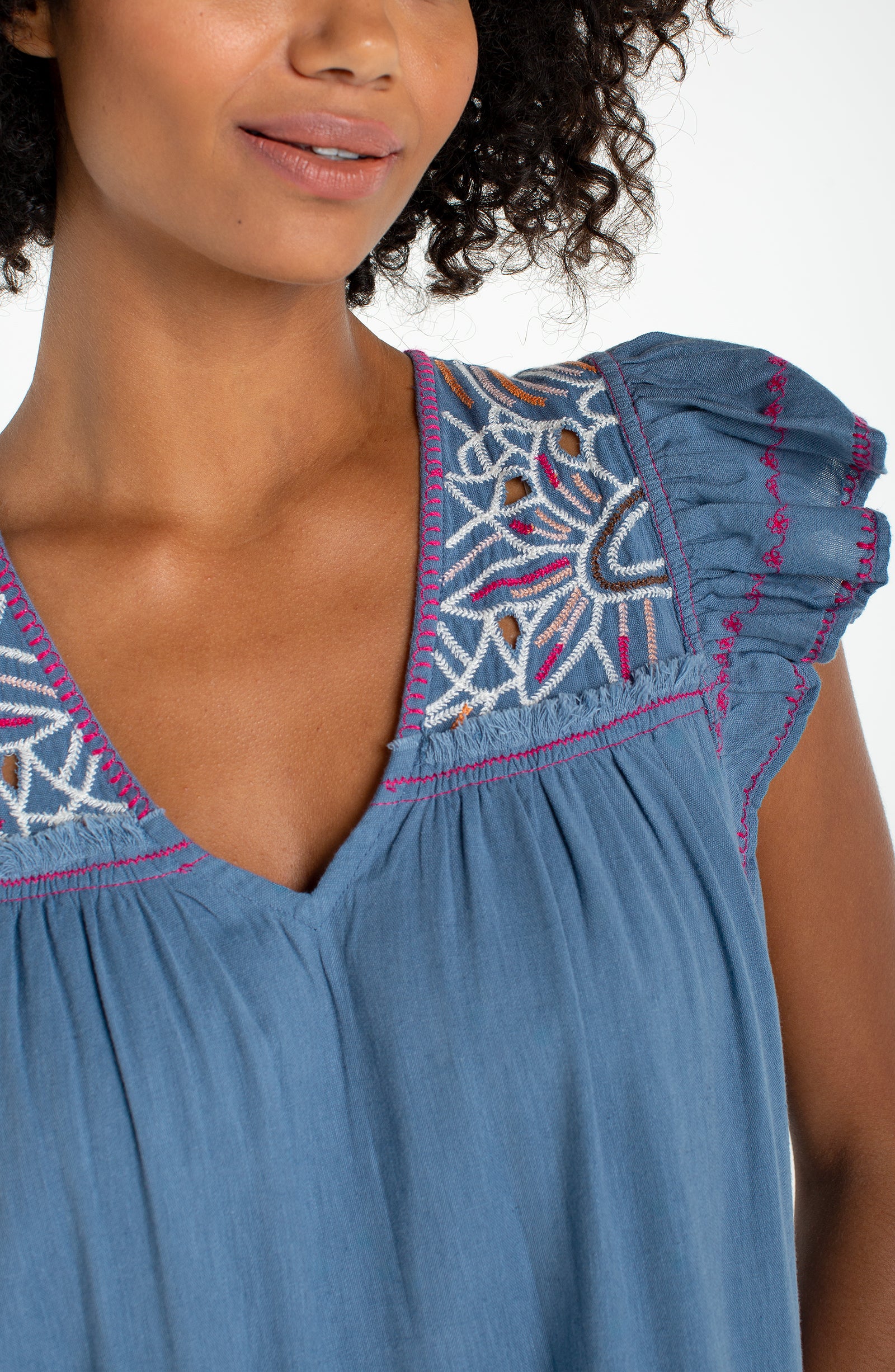 Liverpool Flutter Sleeve Embroidered Denim Dress - 4