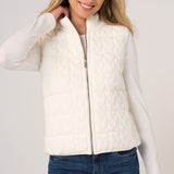 Liverpool Reversible Zip Front Quilted Sweater Vest in cream, worn over white long-sleeve top with jeans