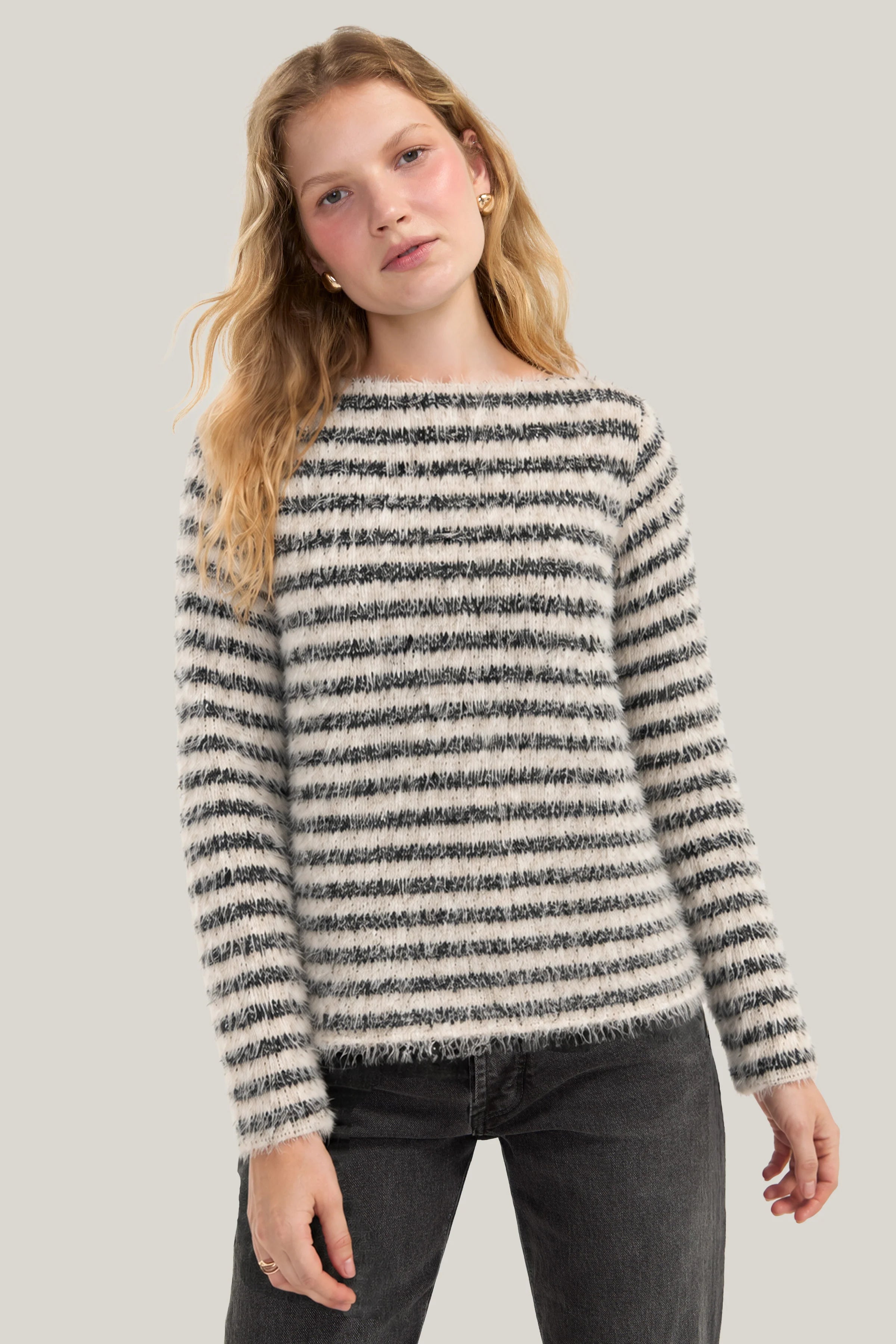 Liverpool Long Sleeve Boatneck Stripe Knit Top in cream/black stripe at ooh la la! in Grapevine TX 76051
