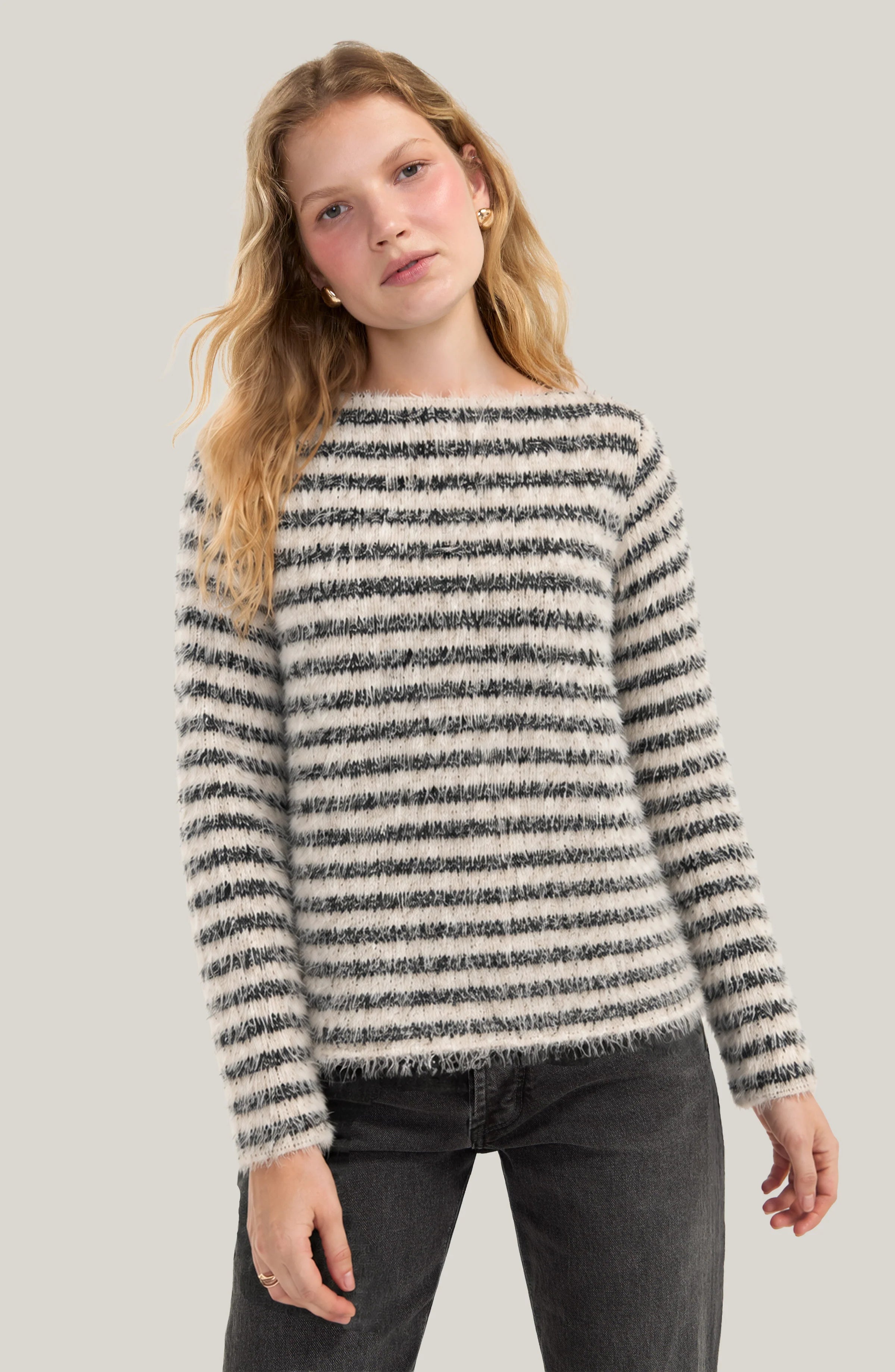 Liverpool Long Sleeve Boatneck Stripe Knit Top in cream/black stripe at ooh la la! in Grapevine TX 76051