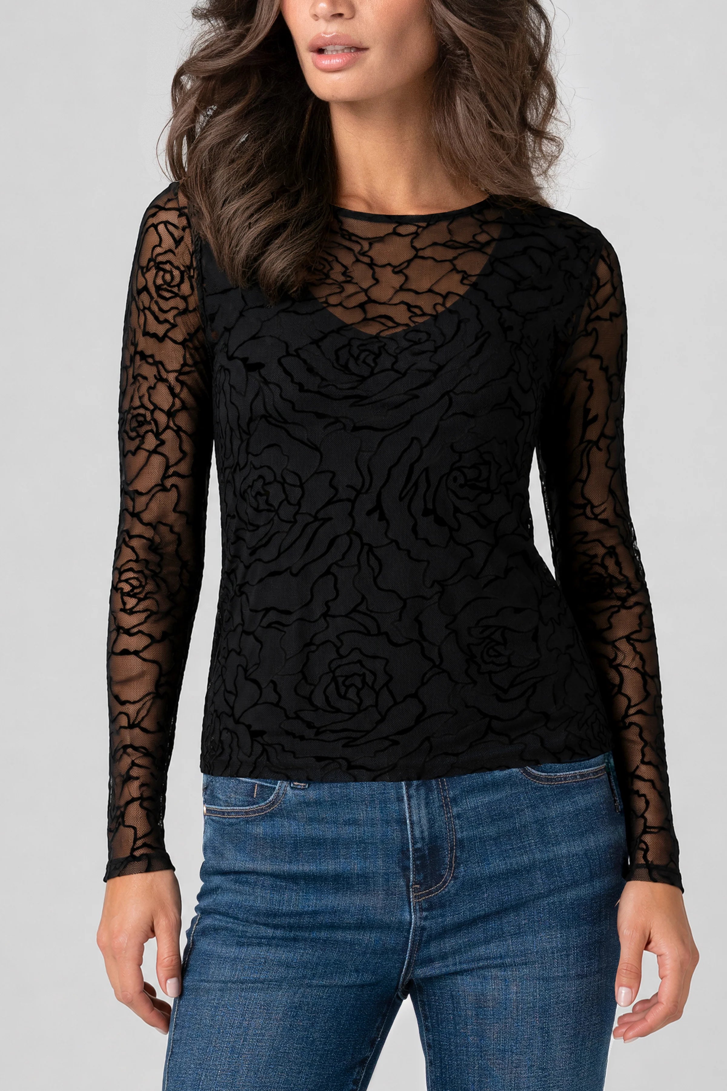 Liverpool Long Sleeve Layered Mesh Top in black at ooh la la! in Grapevine TX 76051