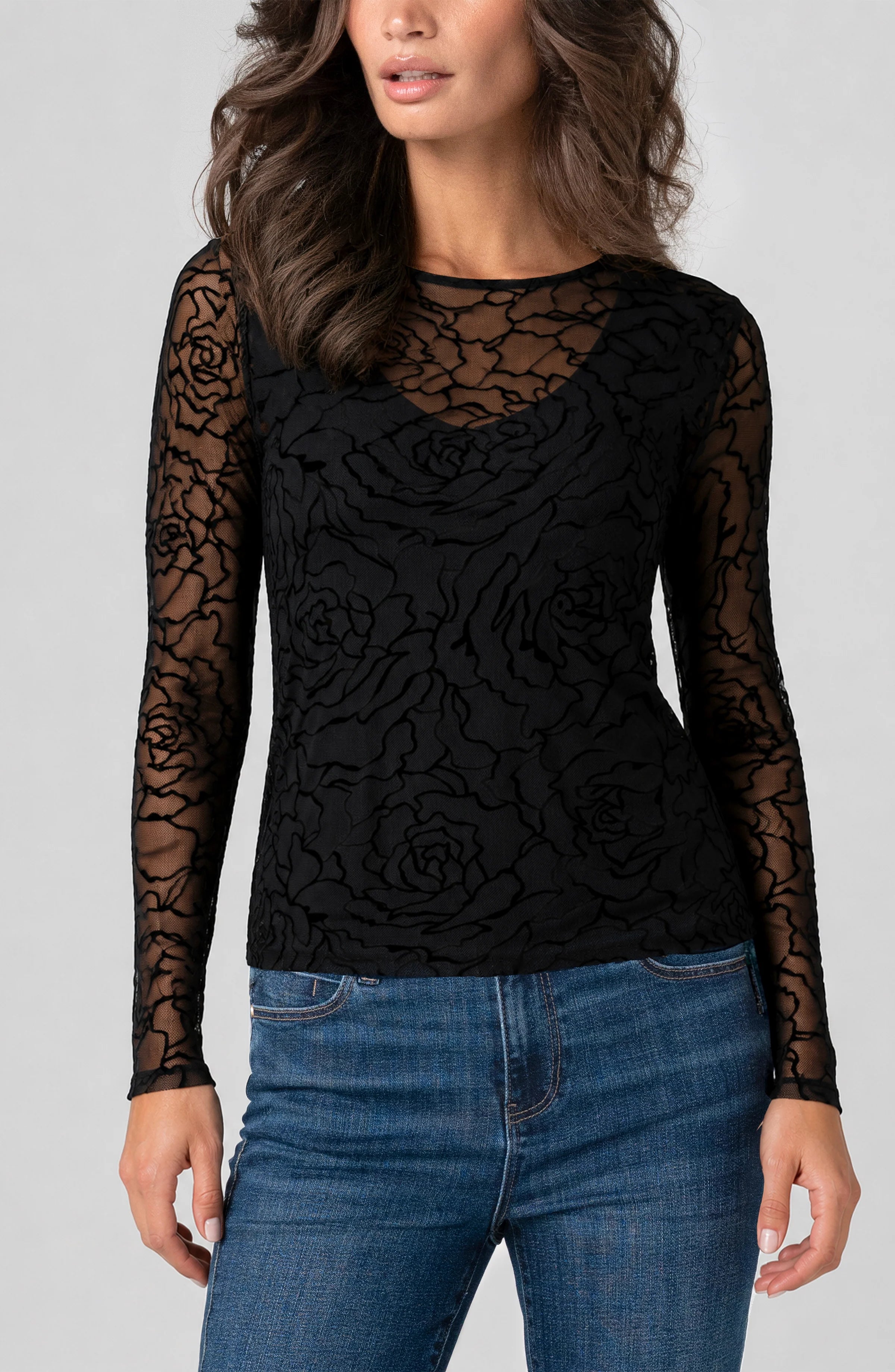 Liverpool Long Sleeve Layered Mesh Top in black at ooh la la! in Grapevine TX 76051