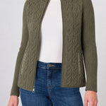 Liverpool zip-front cable-knit quilted sweater jacket in heather olive on blonde model