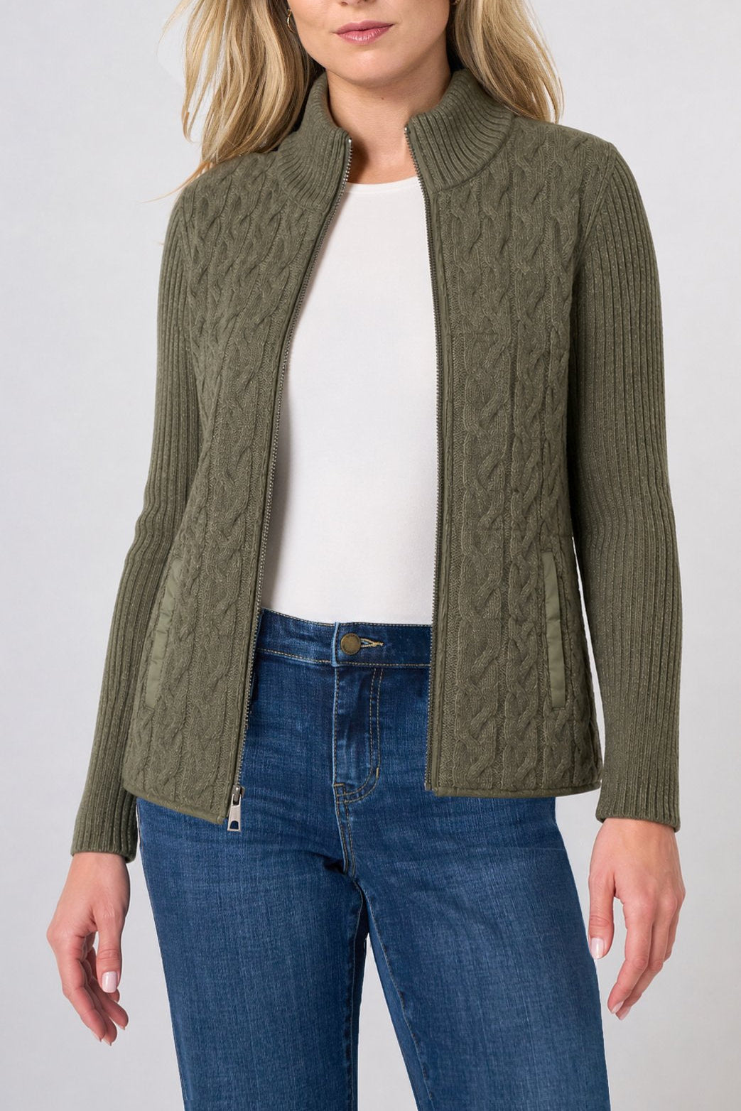 Liverpool zip-front cable-knit quilted sweater jacket in heather olive on blonde model