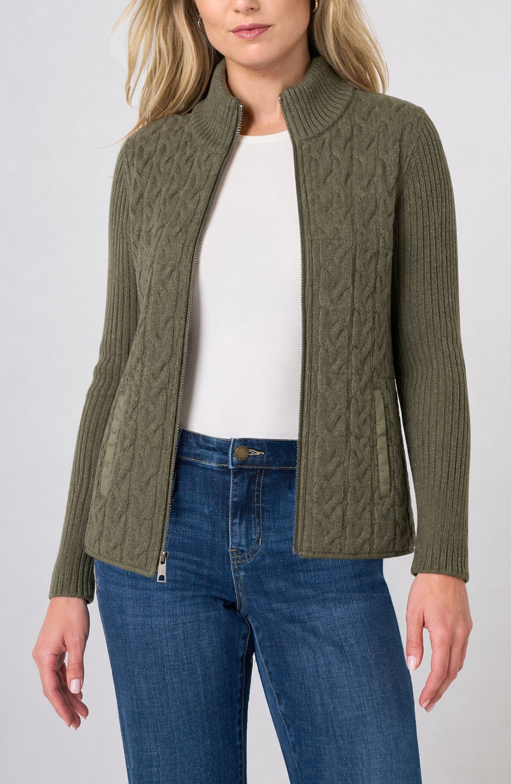 Liverpool zip-front cable-knit quilted sweater jacket in heather olive on blonde model