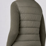 Liverpool Zip Front Quilted Sweater Jacket in Heather Olive, back view on model