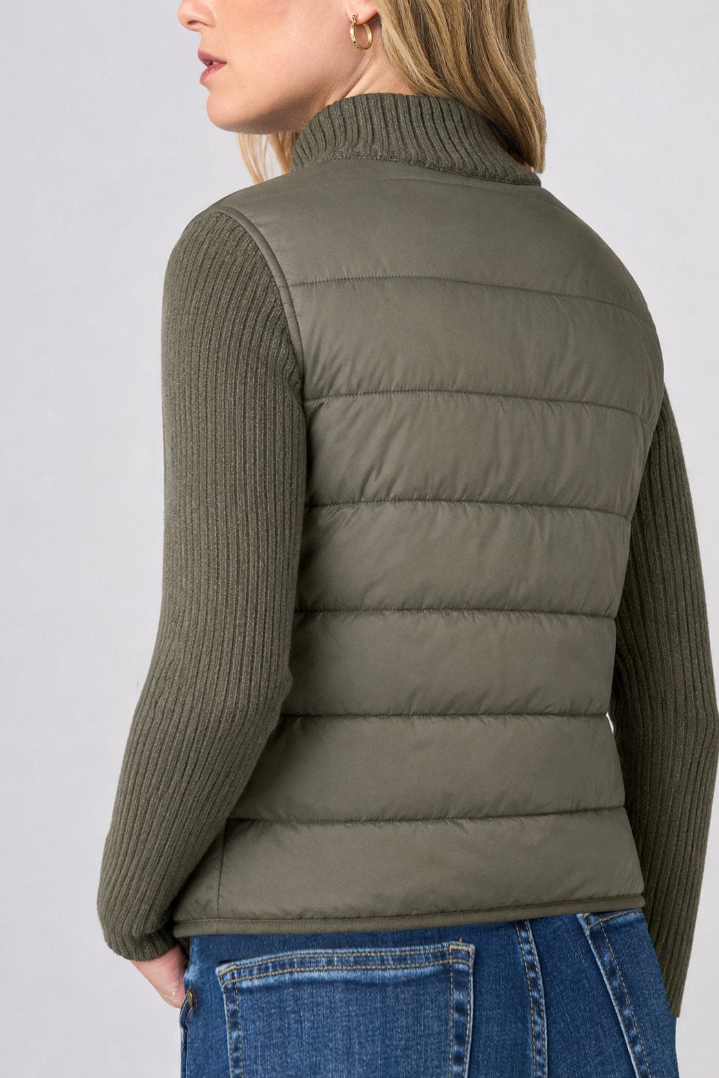 Liverpool Zip Front Quilted Sweater Jacket in Heather Olive, back view on model