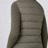 Liverpool Zip Front Quilted Sweater Jacket in Heather Olive, back view on model
