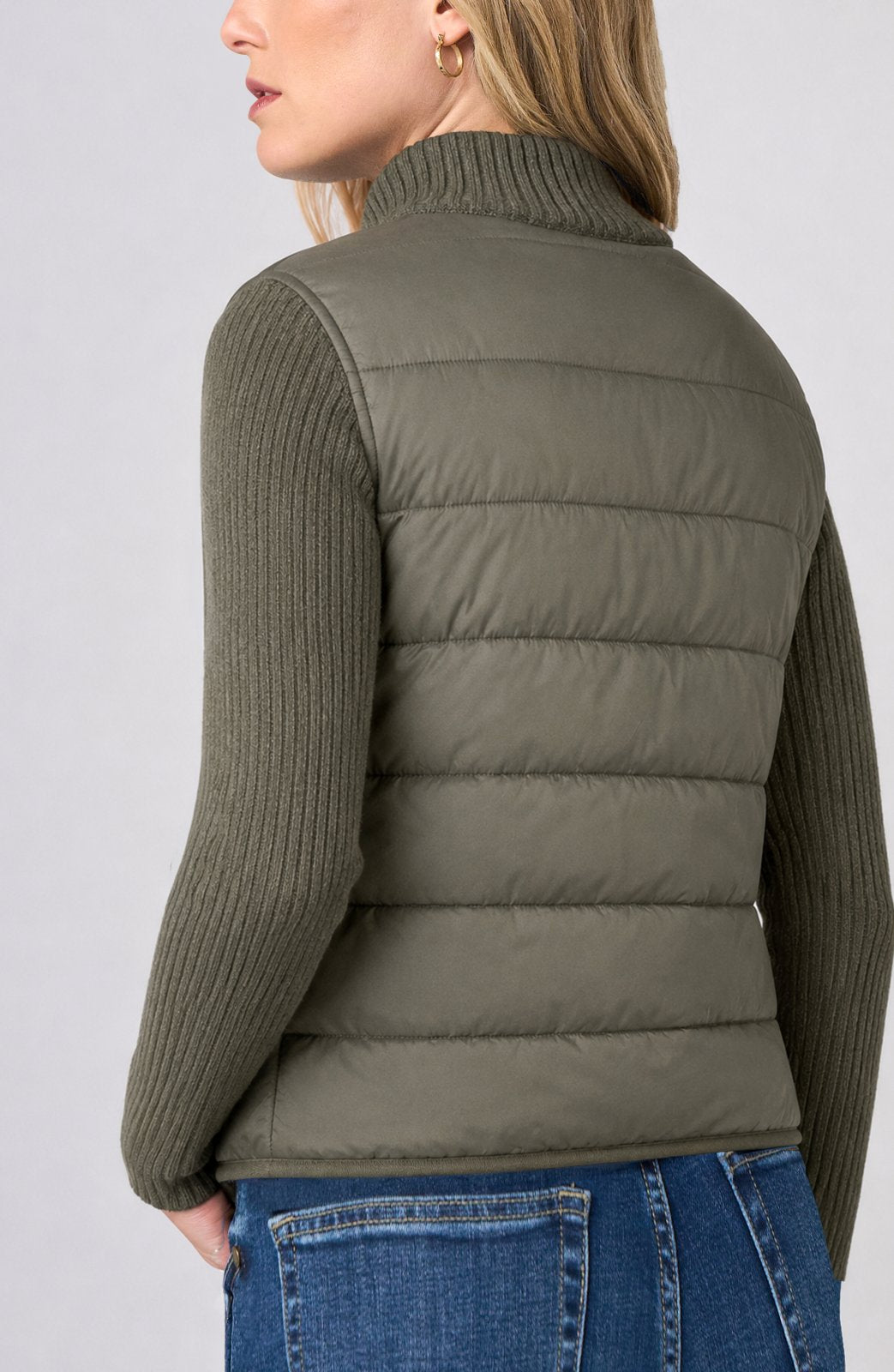 Liverpool Zip Front Quilted Sweater Jacket in Heather Olive, back view on model