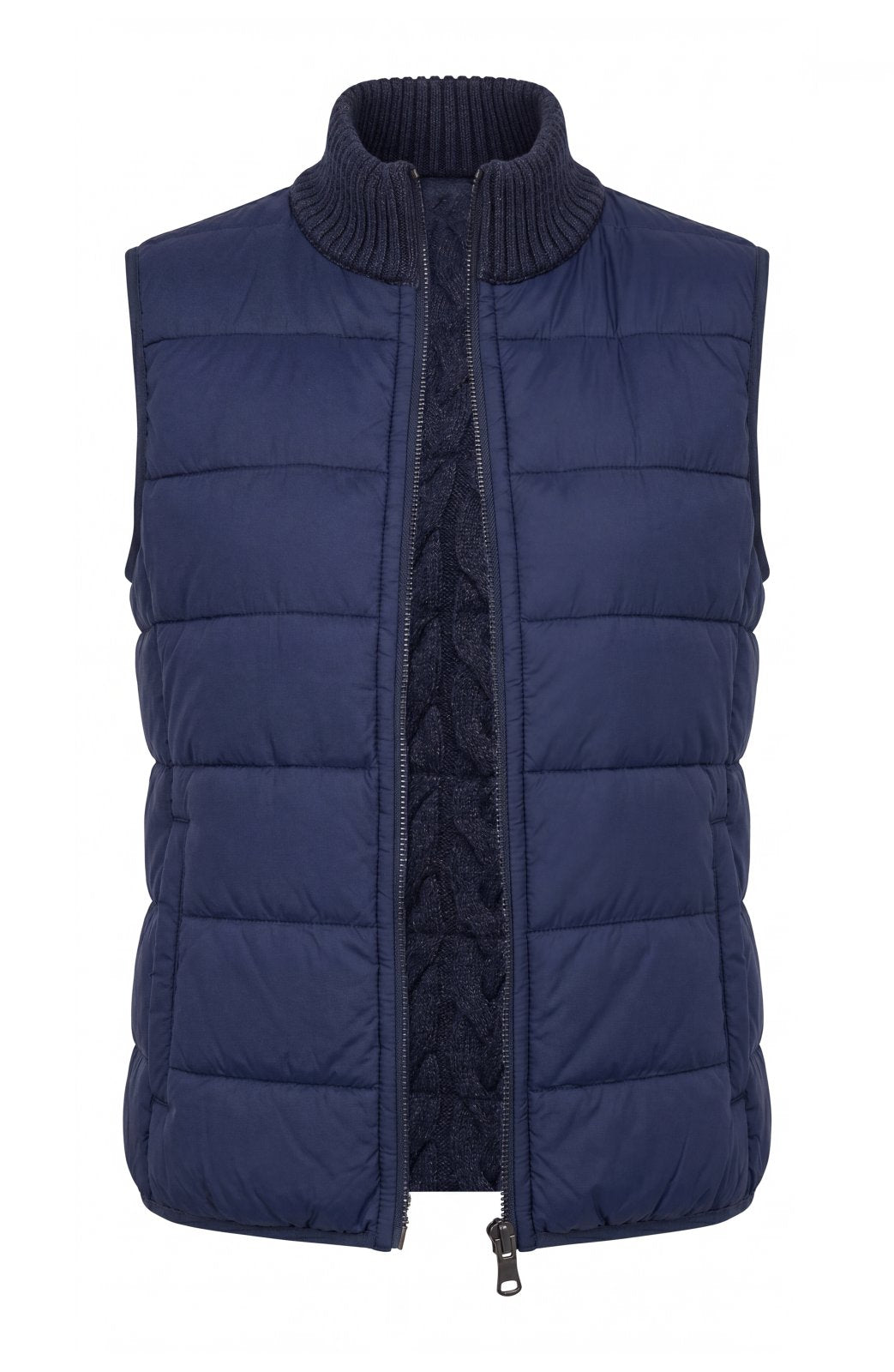 Liverpool reversible zip front quilted sweater vest in heather navy, flat lay view