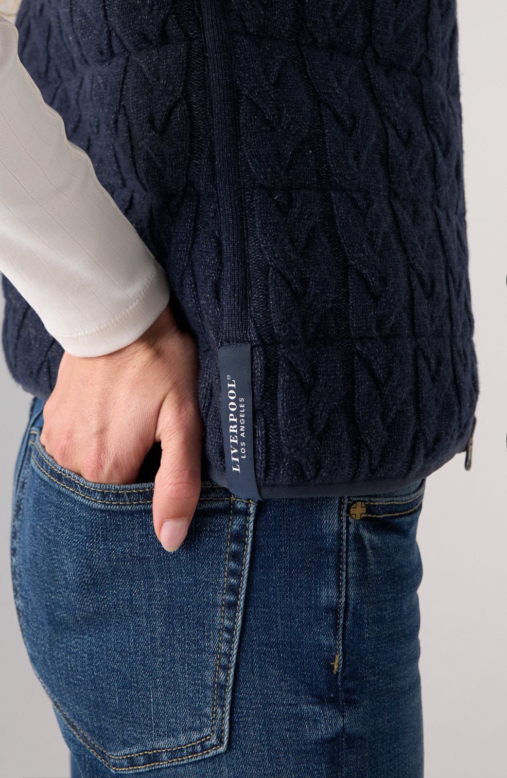 Liverpool Los Angeles navy cable-knit quilted sweater vest with zip closure detail