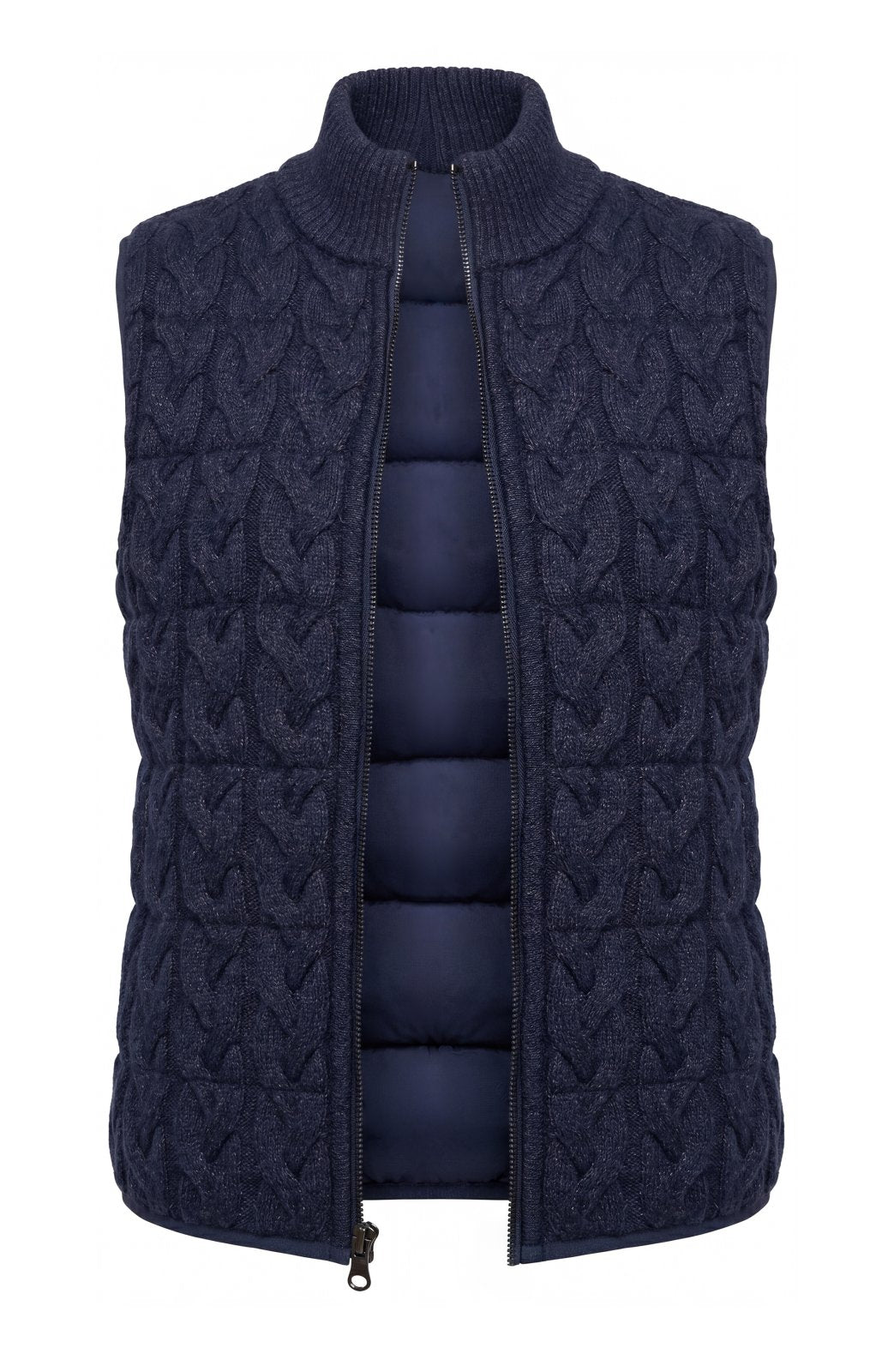 Liverpool Reversible Zip Front Quilted Sweater Vest in Heather Navy cable-knit