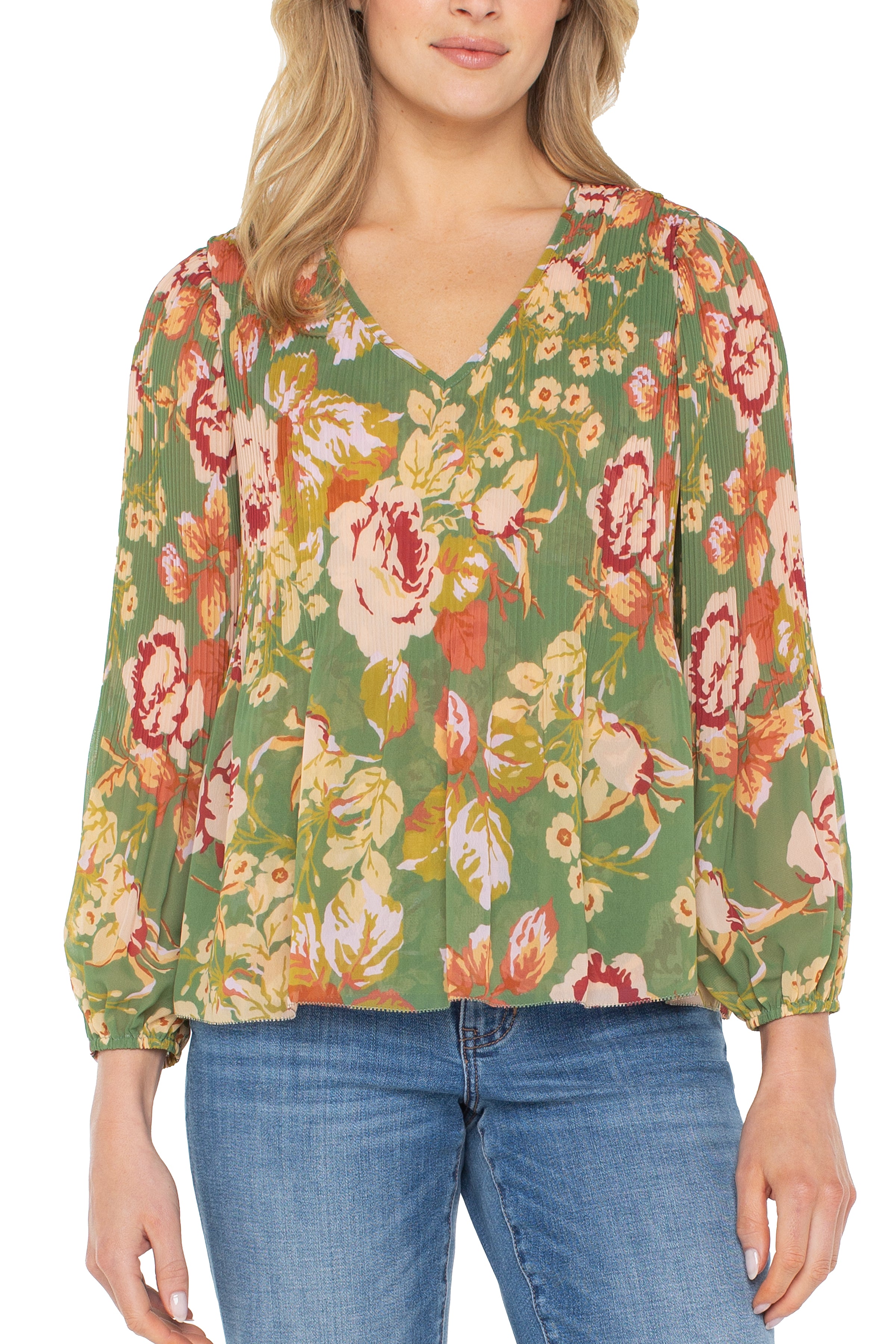 Liverpool Long Sleeve V-Neck Pleated Top at Ooh La La! in Grapevine TX 76051