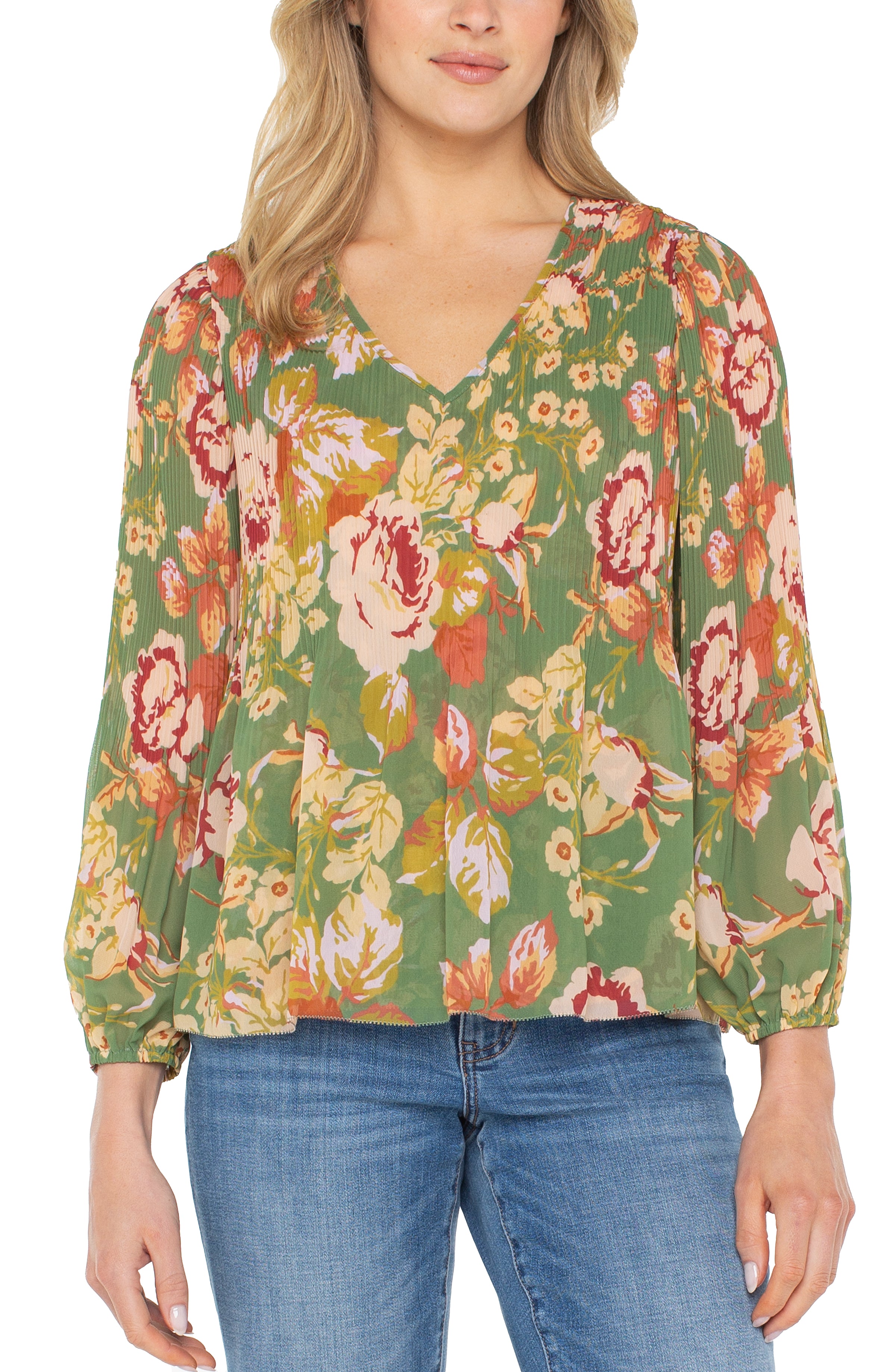 Liverpool Long Sleeve V-Neck Pleated Top at Ooh La La! in Grapevine TX 76051