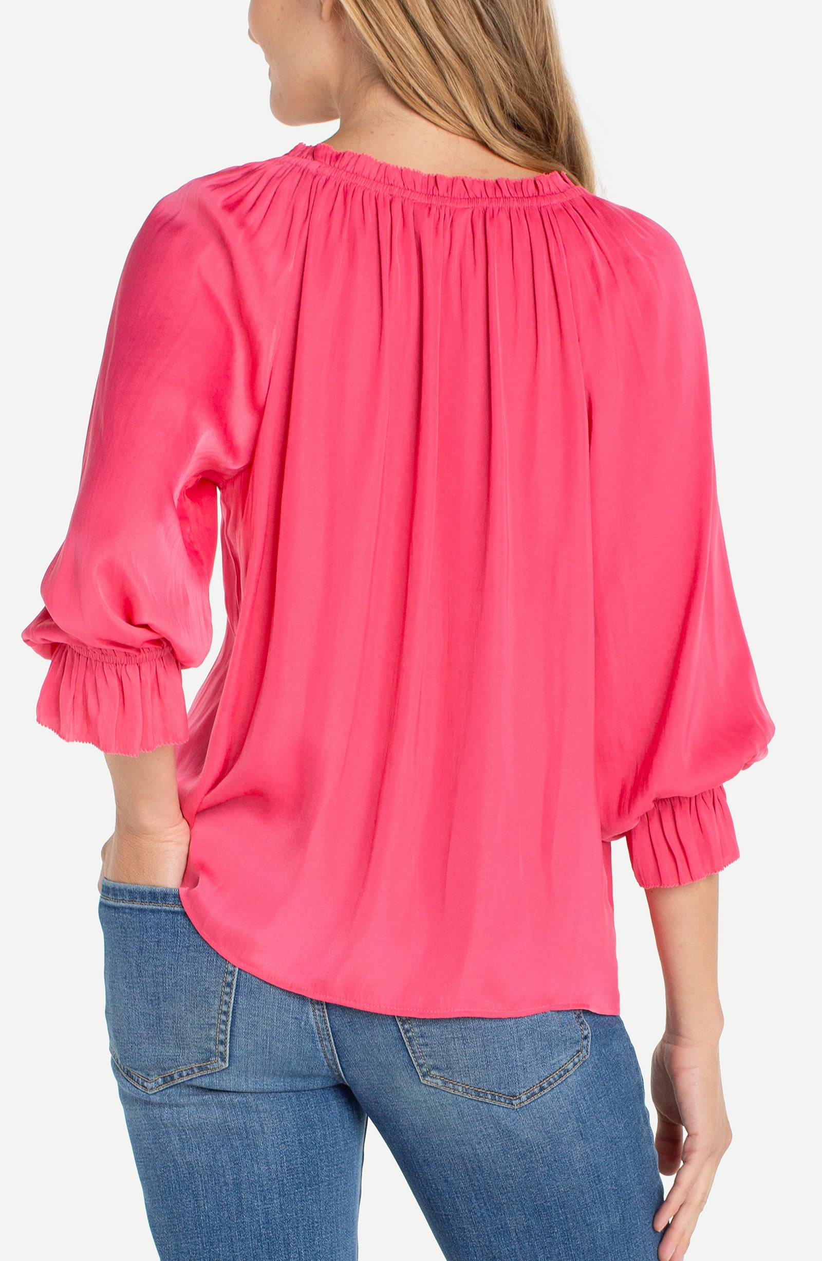 Liverpool 3/4 Sleeve Blouse with Ruffle Details in Perfect Pink at ooh la la! in Grapevine TX 76051