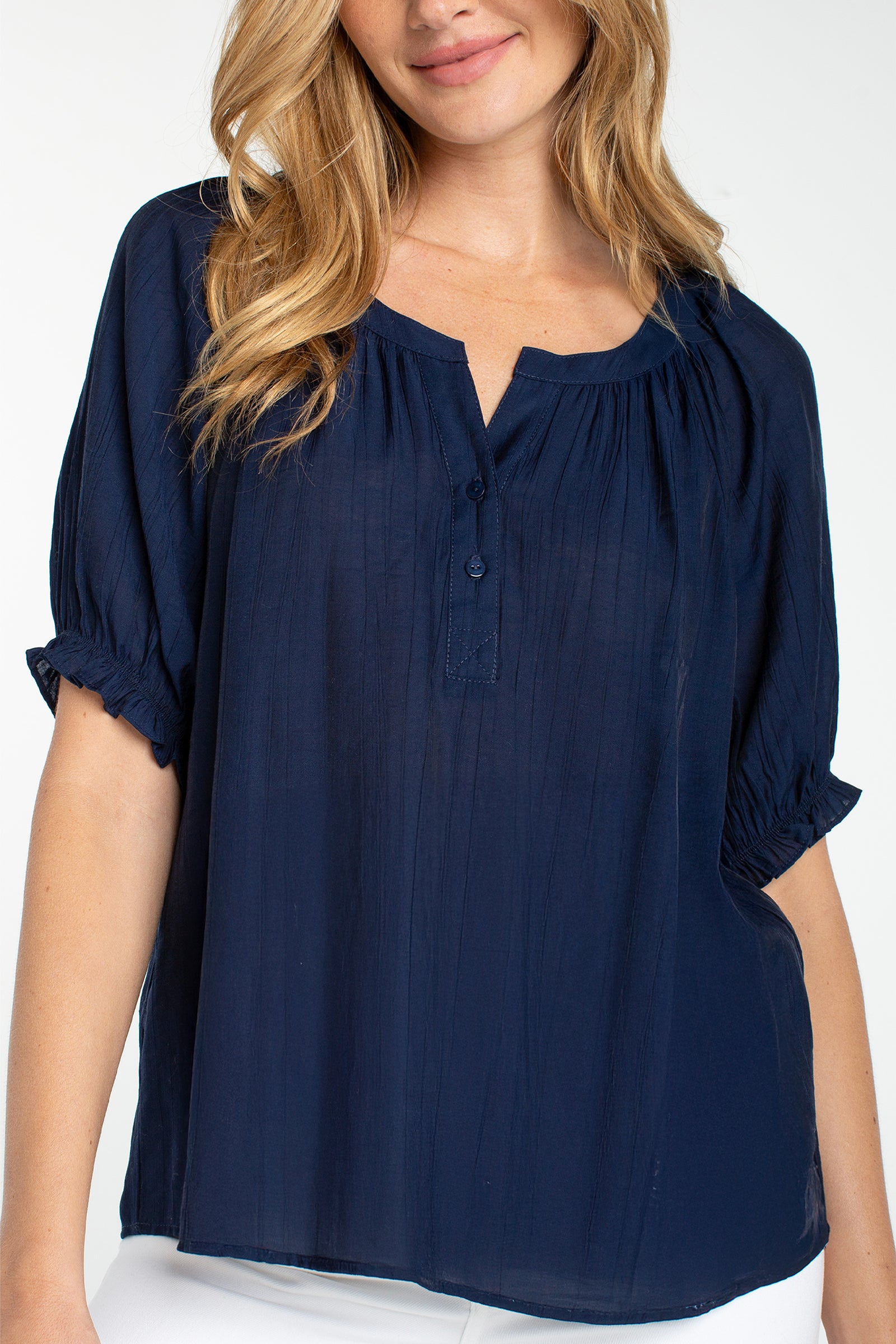 Liverpool Short Sleeve Half Placket Blouse in navy at ooh la la in Grapevine TX 76051