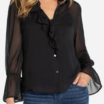 Liverpool Long Sleeve Ruffle Front Chiffon Blouse in Black at ooh la la! in Grapevine TX 76051
