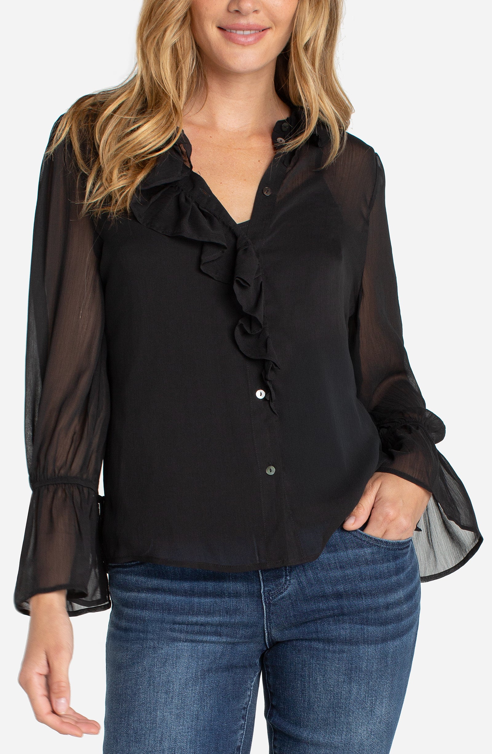 Liverpool Long Sleeve Ruffle Front Chiffon Blouse in Black at ooh la la! in Grapevine TX 76051