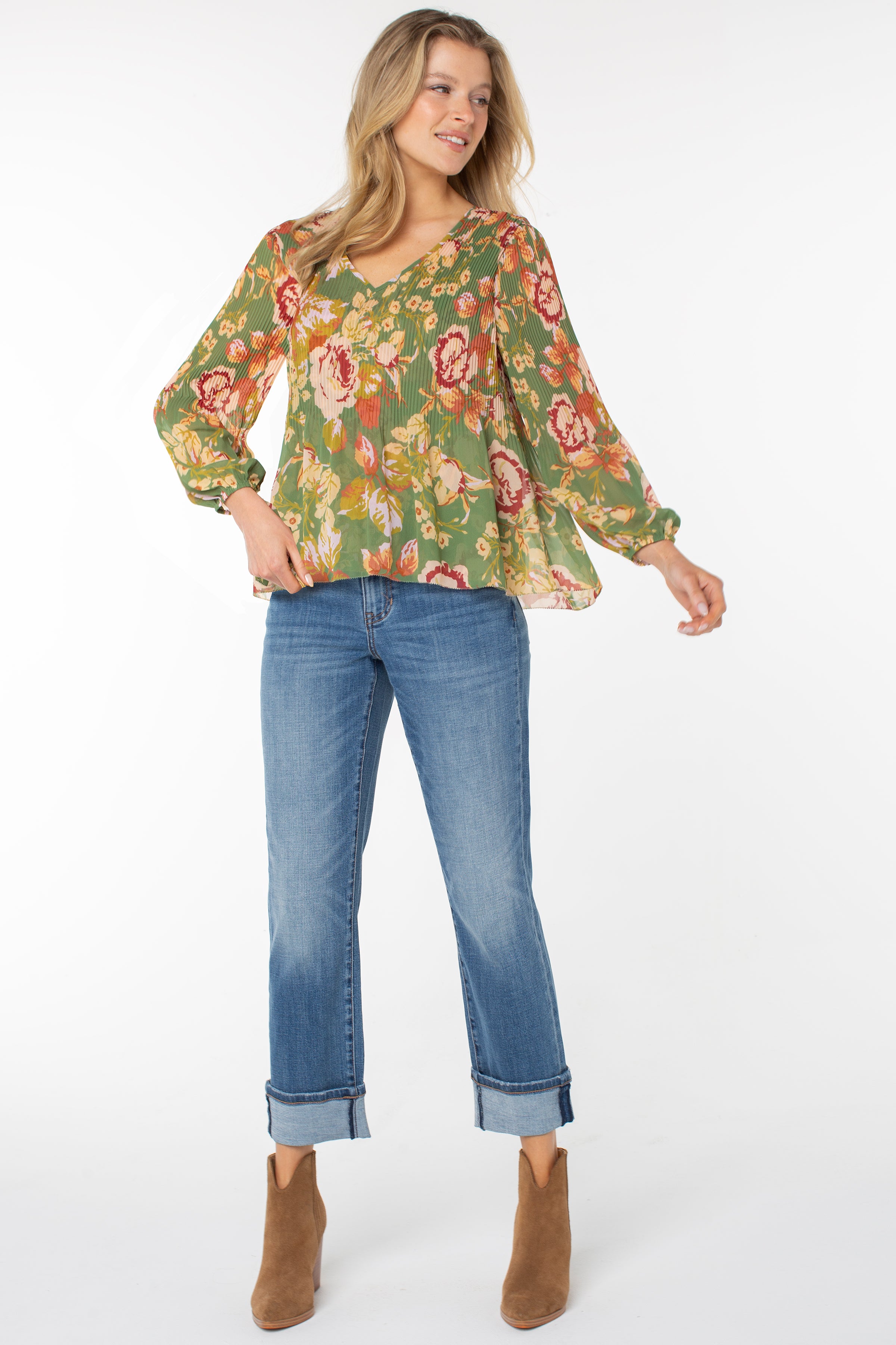 Liverpool Long Sleeve V-Neck Pleated Top at Ooh La La! in Grapevine TX 76051