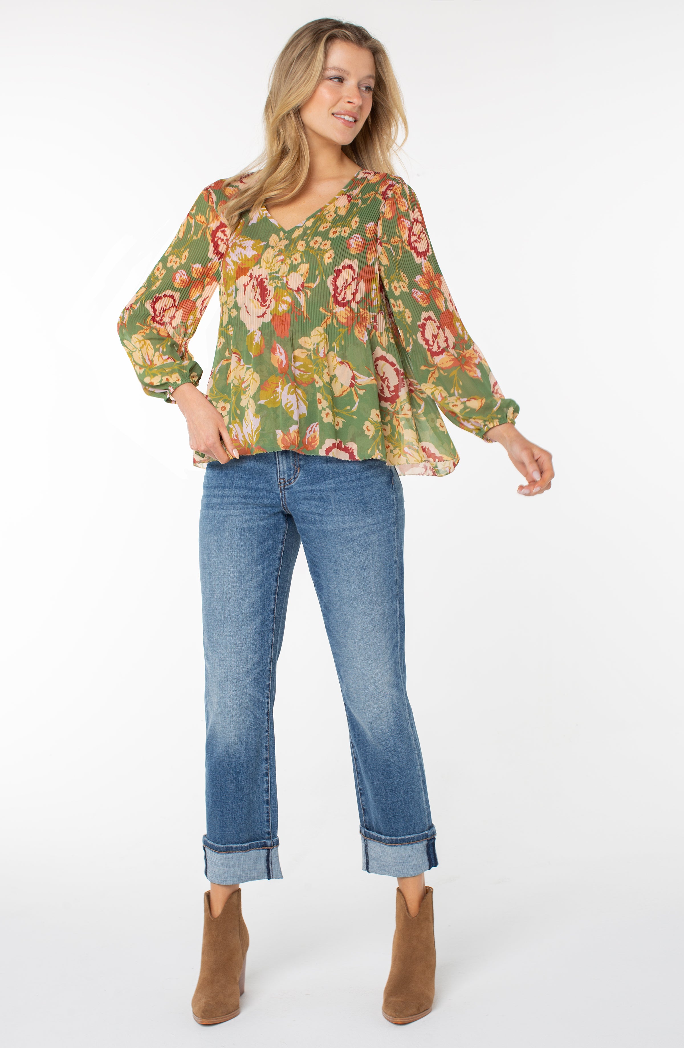 Liverpool Long Sleeve V-Neck Pleated Top at Ooh La La! in Grapevine TX 76051