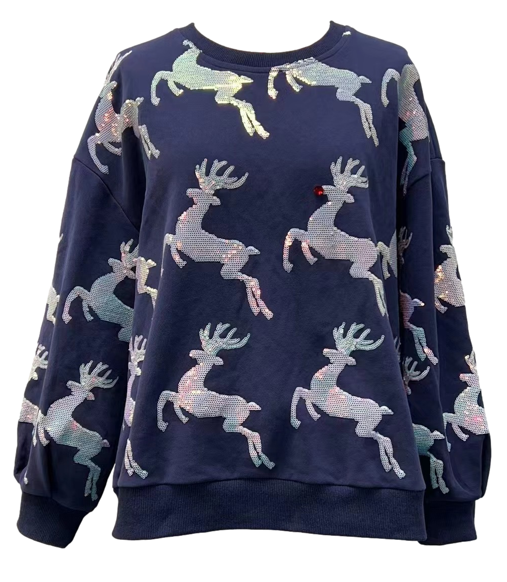 Queen of Sparkles Scattered Reindeer Sweatshirt in navy & white at ooh la la! in Grapevine TX 76051