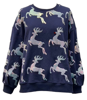 Queen of Sparkles Scattered Reindeer Sweatshirt in navy & white at ooh la la! in Grapevine TX 76051