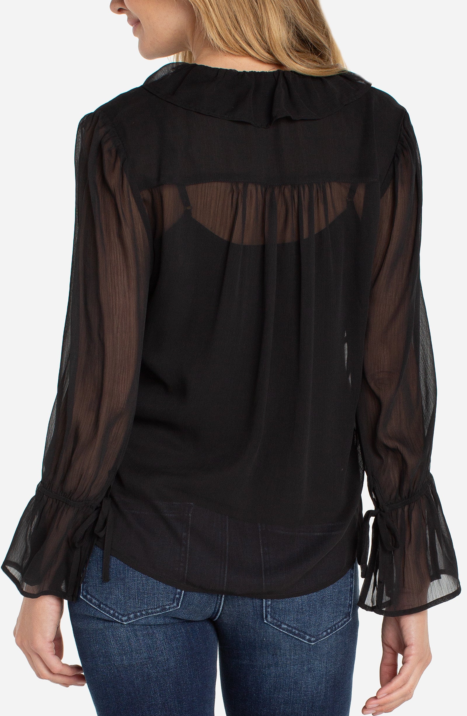 Liverpool Long Sleeve Ruffle Front Chiffon Blouse in Black at ooh la la! in Grapevine TX 76051