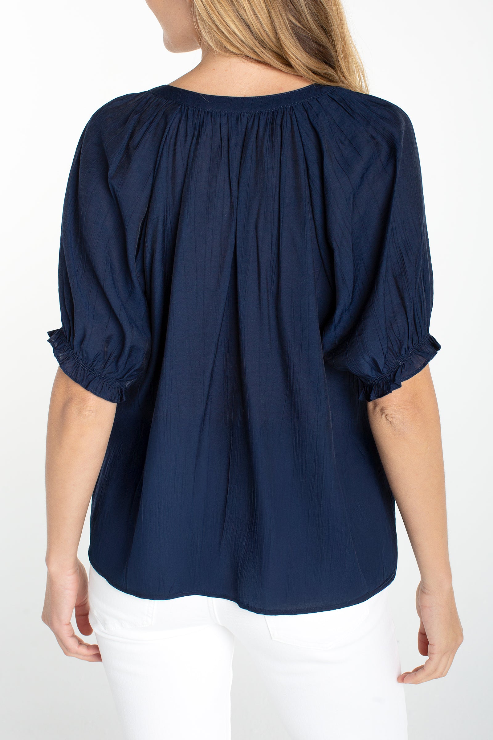 Liverpool Short Sleeve Half Placket Blouse in navy at ooh la la in Grapevine TX 76051