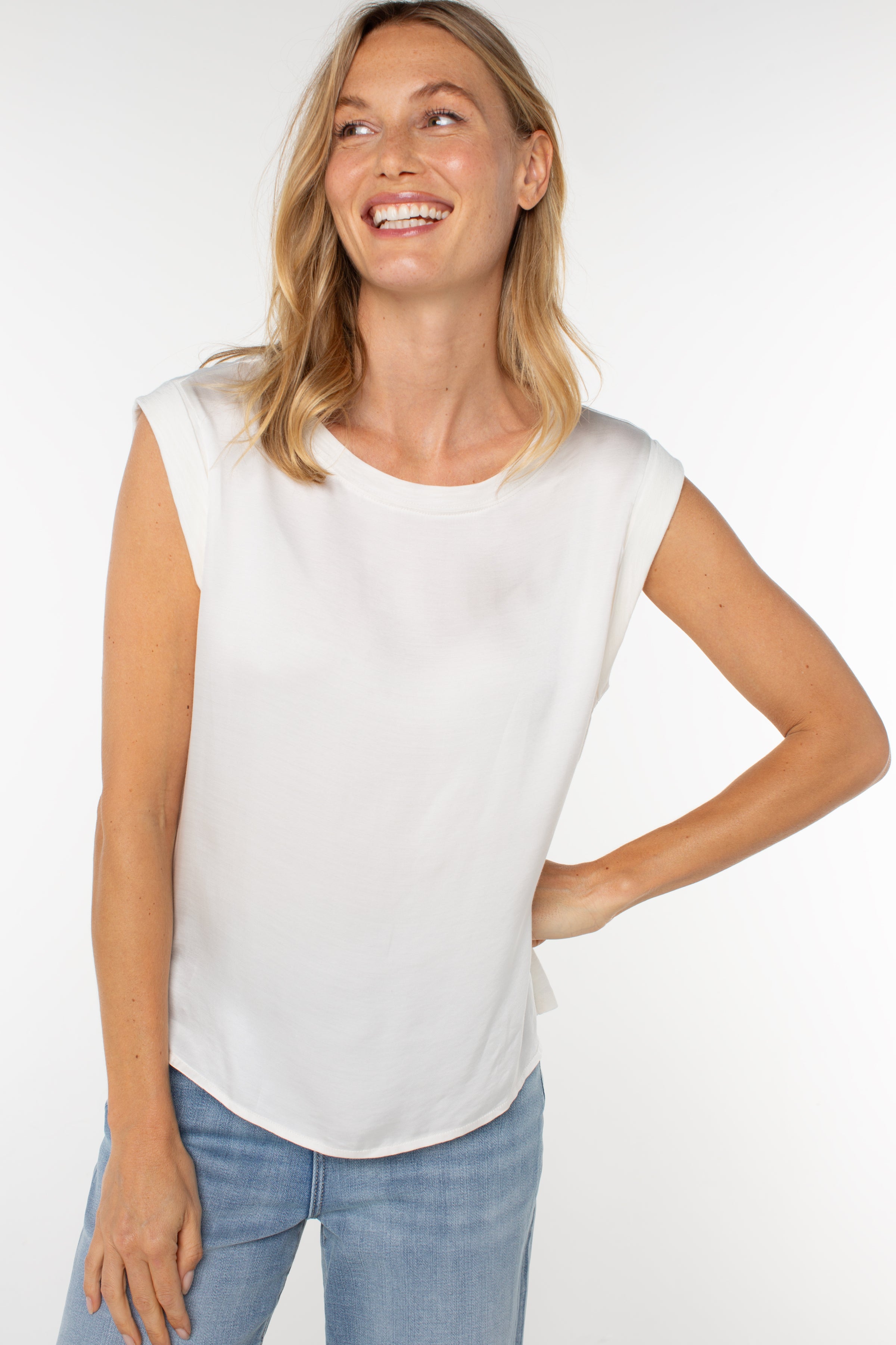 Liverpool Sleeveless Woven to Knit Top at Ooh La La! in Grapevine TX 76051