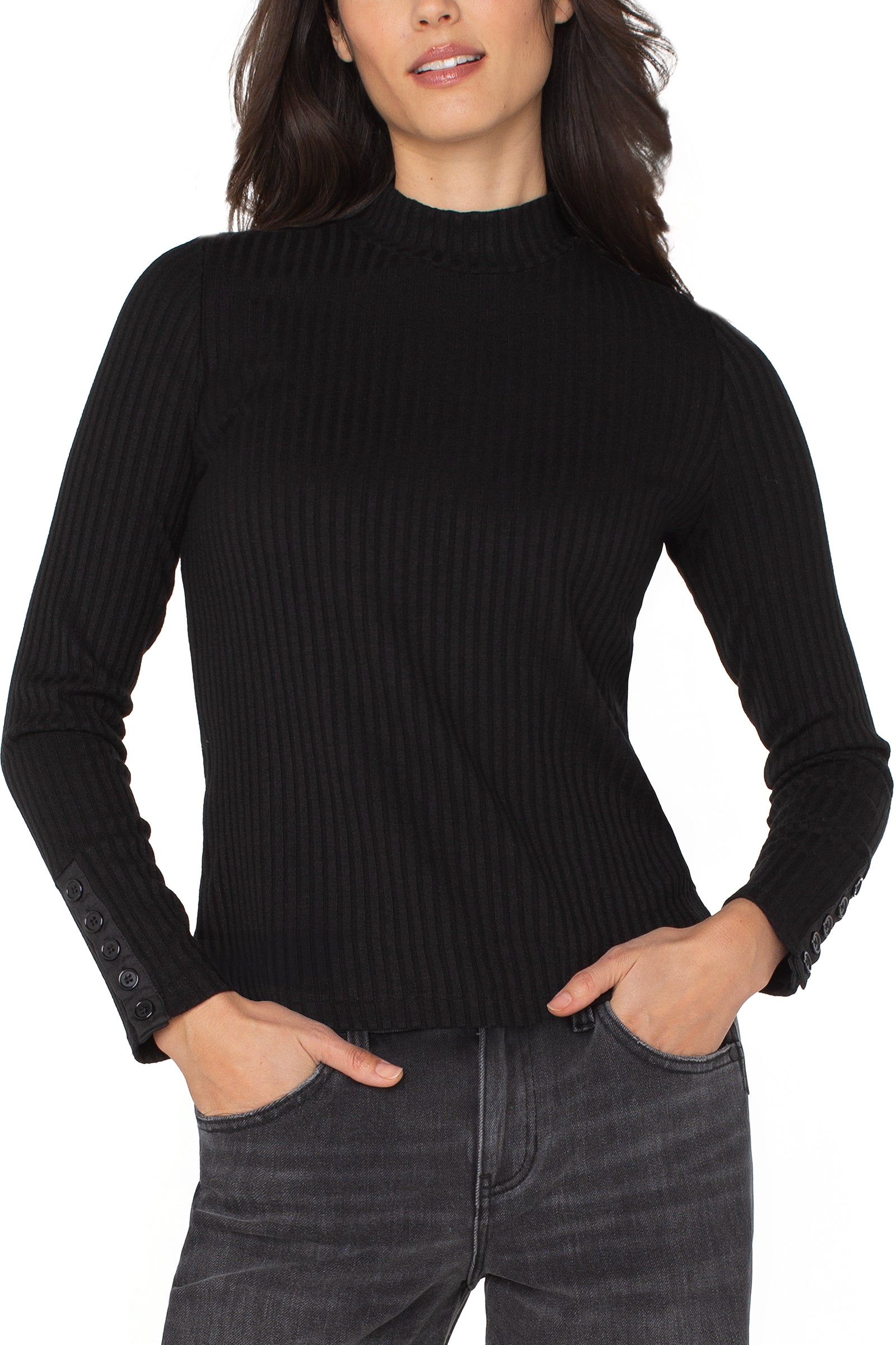 Long Sleeve Mock Neck Knit Top W/ Button Detail at Ooh La La! in Grapevine TX 76051
