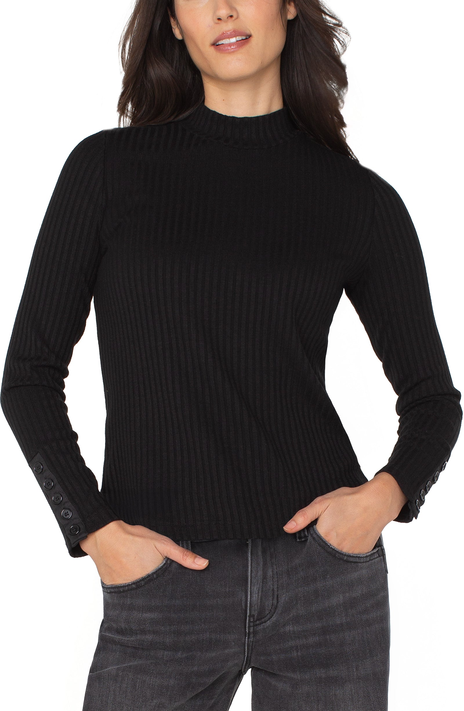 Long Sleeve Mock Neck Knit Top W/ Button Detail at Ooh La La! in Grapevine TX 76051