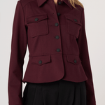 Liverpool Peplum Jacket in dark oxblood with military-style buttons and patch pockets