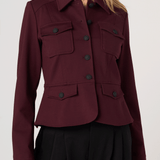 Liverpool Peplum Jacket in dark oxblood with military-style buttons and patch pockets